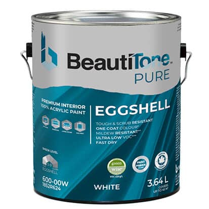 A picture of a can of BeautiTone Paint in the color turquoise for the Eggshell finish 