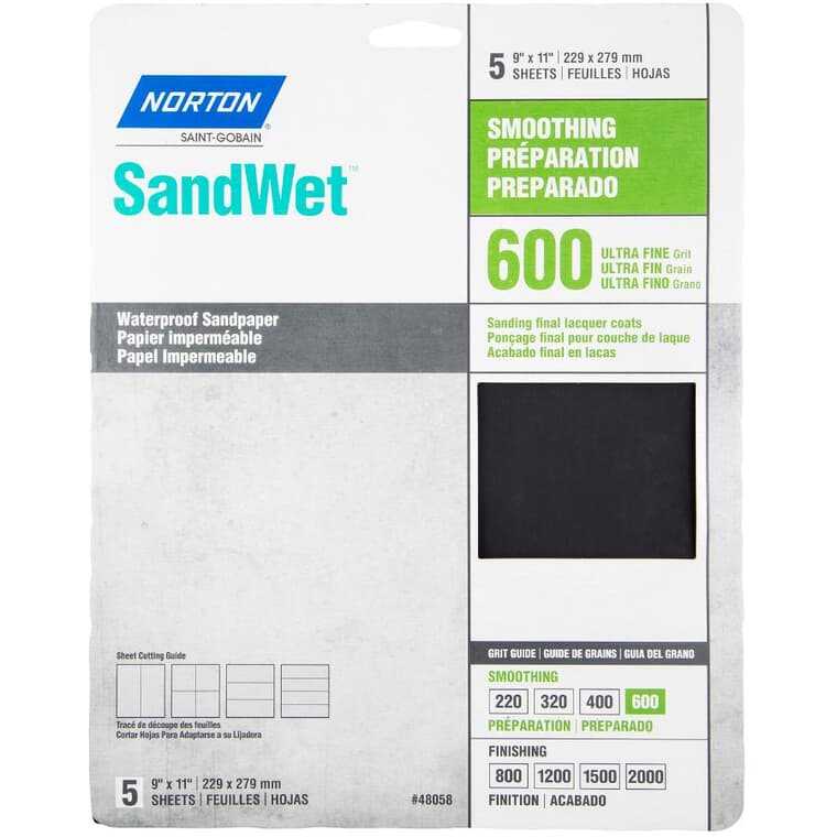 600 Grit Aluminum Oxide Sandpaper - 9" x 11", 5 Pack