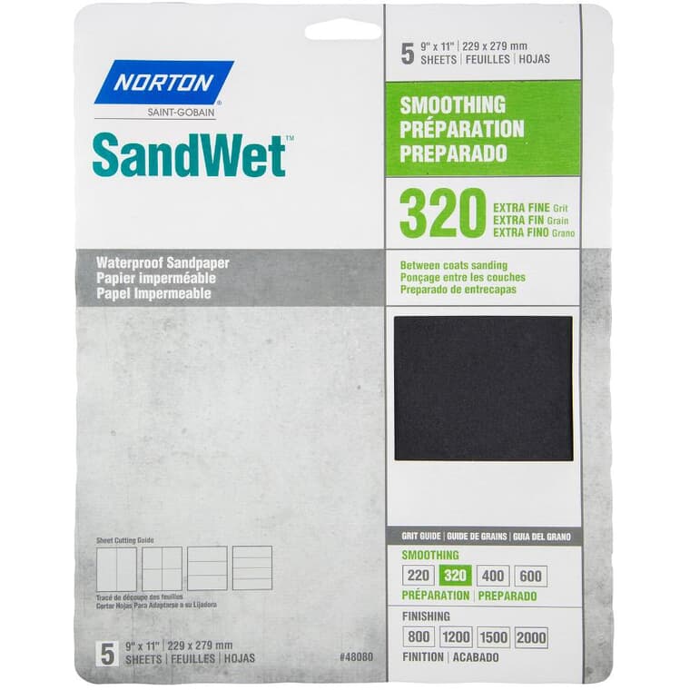 320 Grit Aluminum Oxide Sandpaper - 9" x 11", 5 Pack