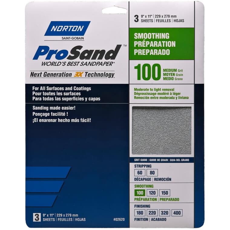 ProSand 100 Grit Aluminum Oxide Sandpaper - 9" x 11", 3 Pack