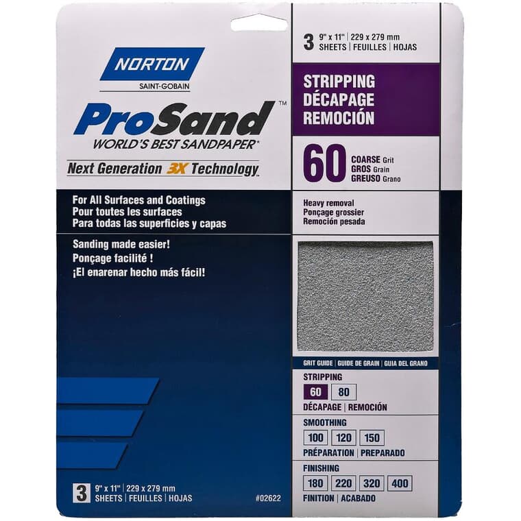 60 Grit Aluminum Oxide Sandpaper - 9" x 11", 3 Pack