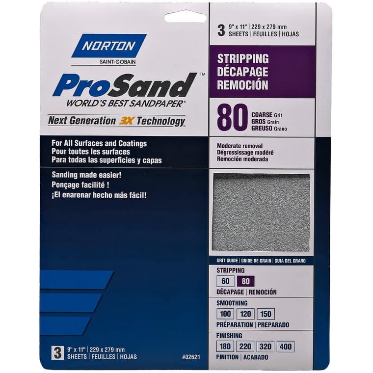 80 Grit Aluminum Oxide Sandpaper - 9" x 11", 3 Pack