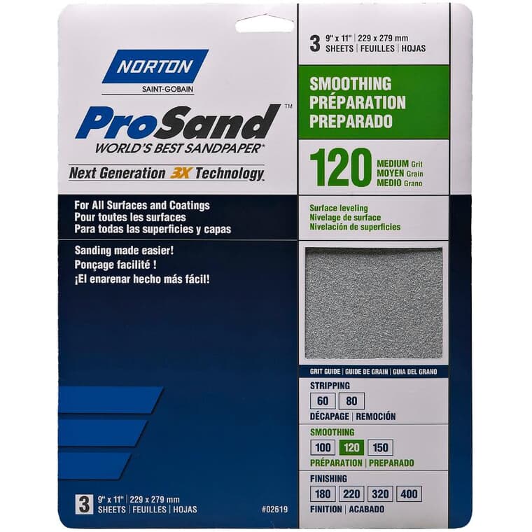 120 Grit Aluminum Oxide Sandpaper - 9" x 11", 3 Pack