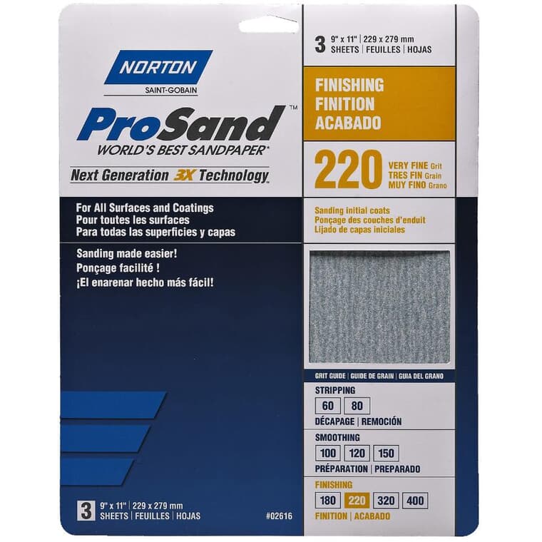 220 Grit Aluminum Oxide Sandpaper - 9" x 11", 3 Pack