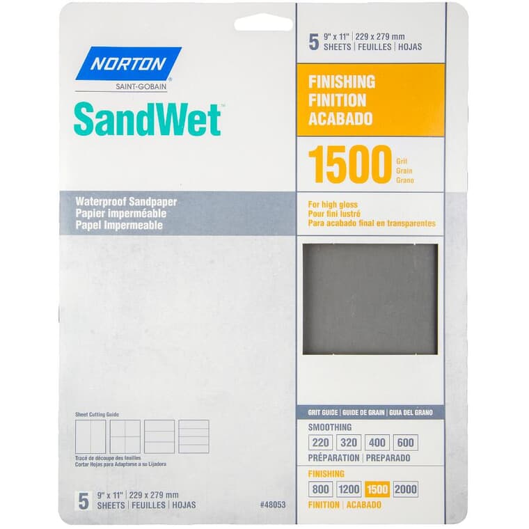 1500 Grit Aluminum Oxide Sandpaper - 9" x 11", 5 Pack