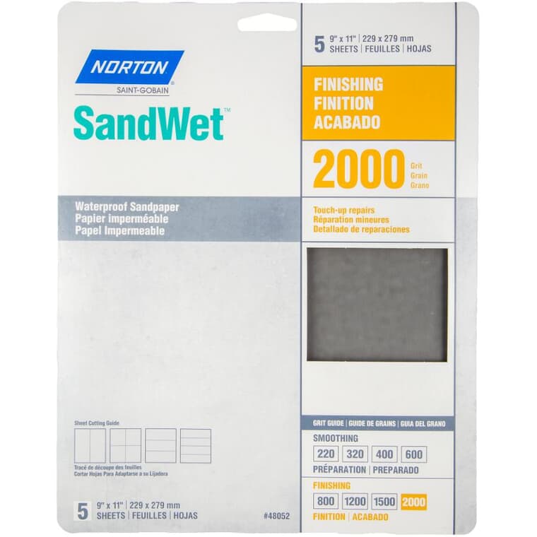 2000 Grit Aluminum Oxide Sandpaper - 9" x 11", 5 Pack