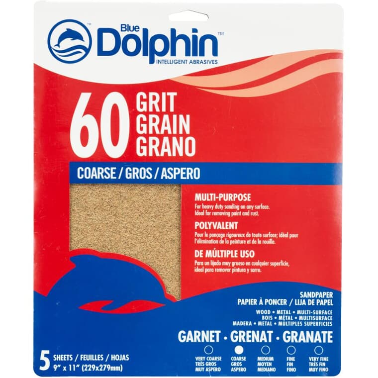 60 Grit Garnet Sandpaper - 9" x 11", 5 Pack