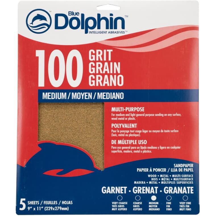 100 Grit Garnet Sandpaper - 9" x 11", 5 Pack
