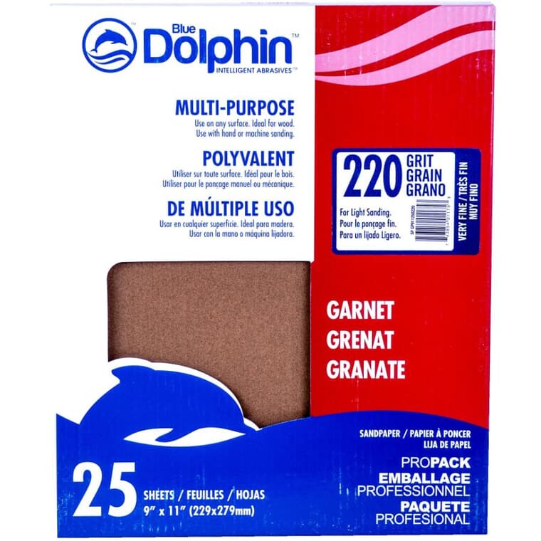 220 Grit Garnet Sandpaper - 9" x 11", 25 Pack