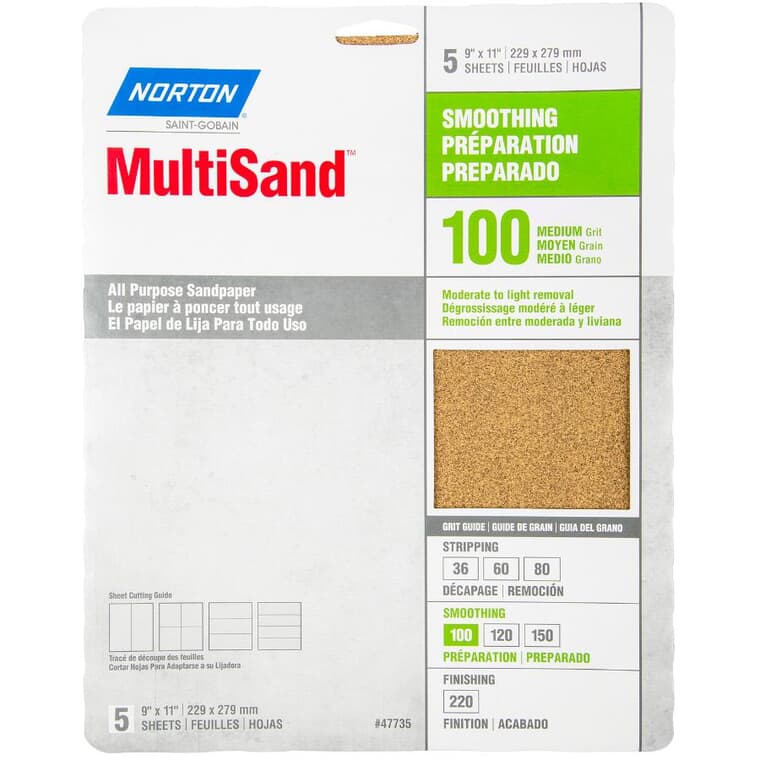100 Grit Aluminum Oxide Sandpaper - 9" x 11", 5 Pack