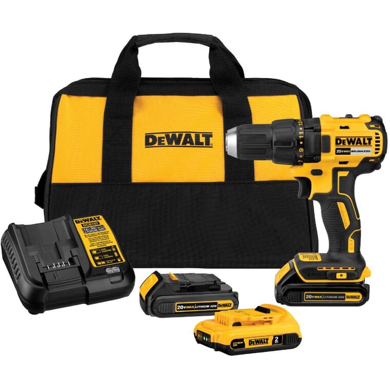 1/2" 20 Volt Compact Lithium-ion Cordless Driver Drill Kit - with 3 Batteries, Charger, & Tool Bag