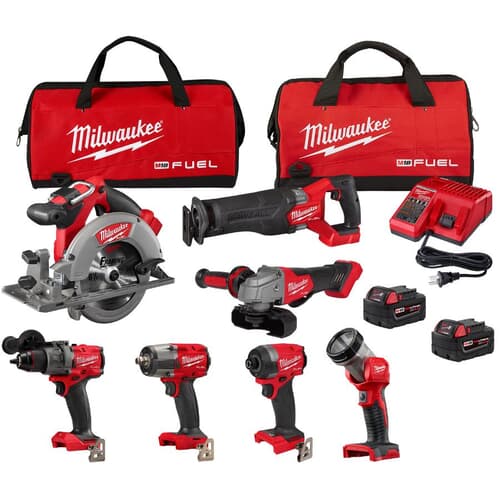 M18 18V FUEL 7 Tool Cordless Combo - Hammer Drill Driver, Impact Driver, Reciprocating Saw, Circular Saw, Grinder, Impact Wrench & Work Light