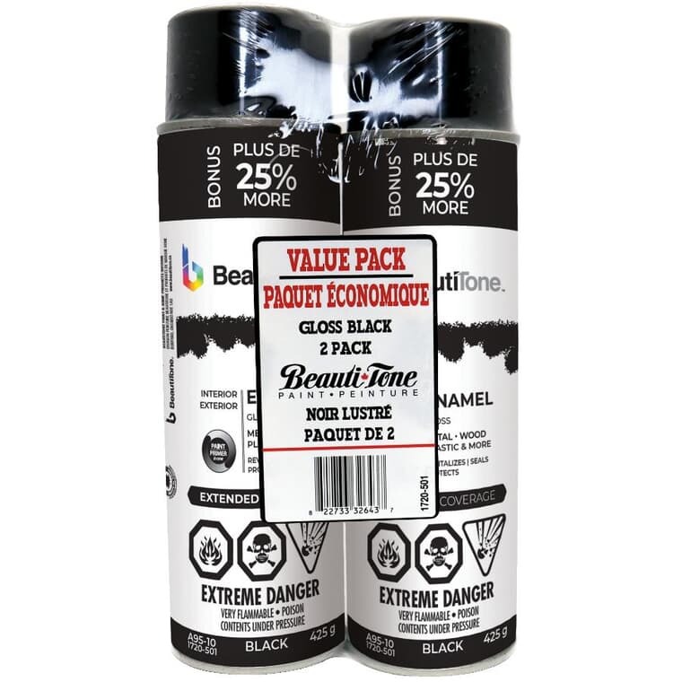 Enamel Interior / Exterior Spray Paint - Gloss Black, 425 g, 2 Pack