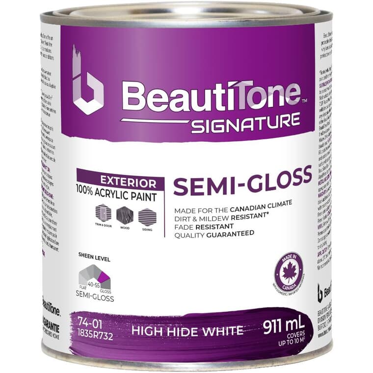 Exterior Acrylic Latex Semi-Gloss Paint - High Hide White, 911 ml