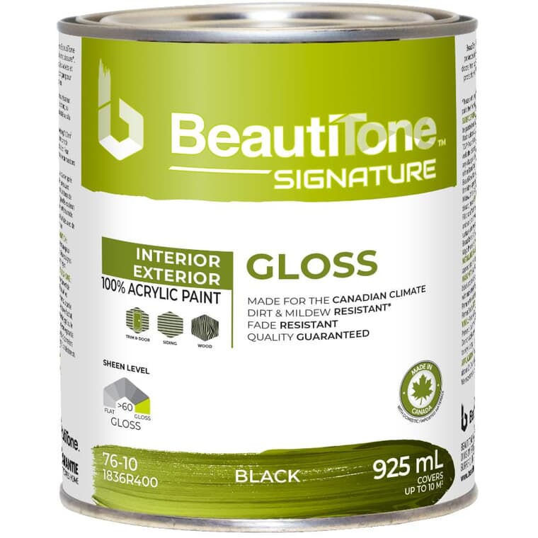 Interior / Exterior Acrylic Latex Gloss Paint - Black, 925 ml