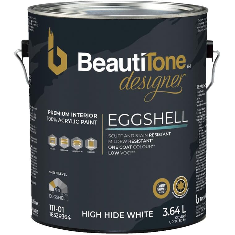Interior Acrylic Latex Eggshell Paint & Primer - High Hide White, 3.64 L