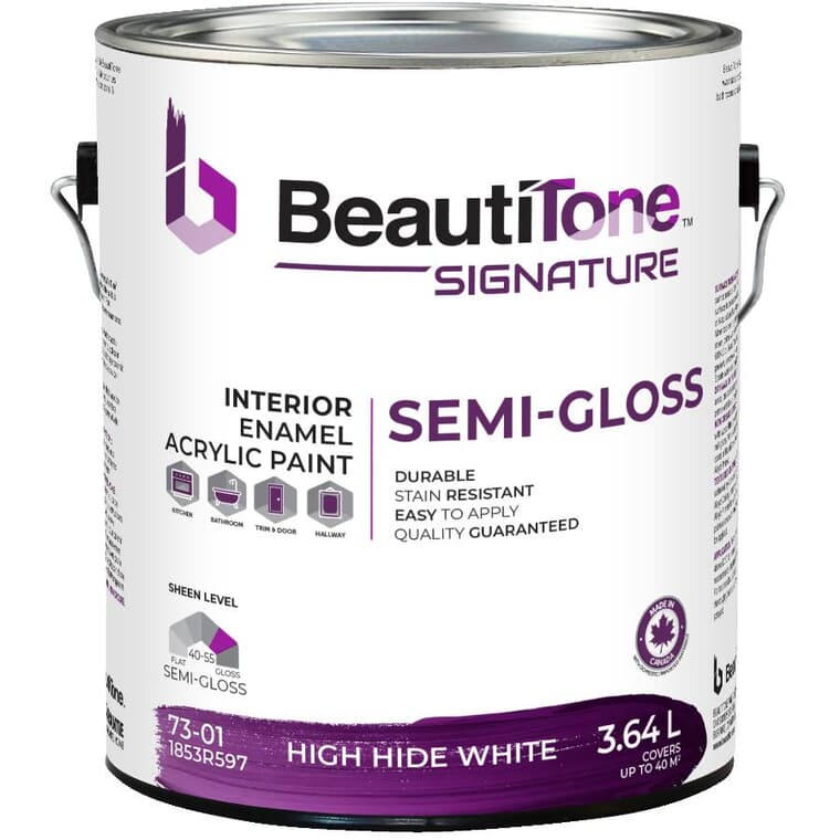 Interior Acrylic Latex Semi-Gloss Paint - High Hide White, 3.64 L