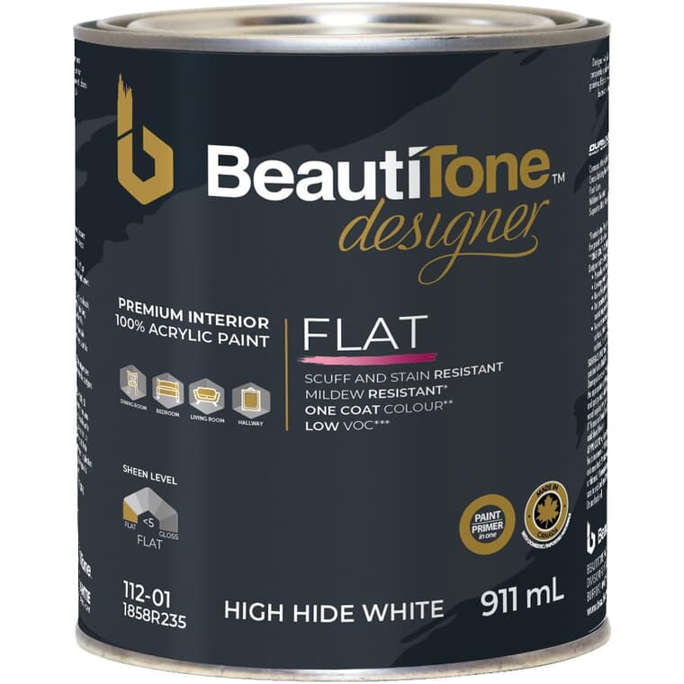 Interior Acrylic Latex Flat Paint & Primer - High Hide White, 911 ml