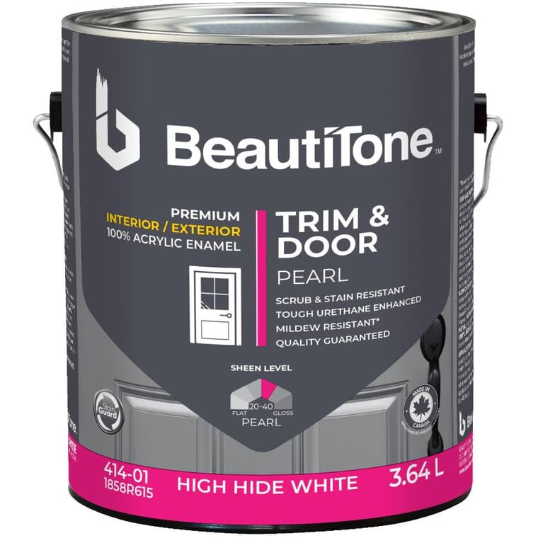 Interior / Exterior Acrylic Latex Pearl Trim & Door Paint - High Hide White, 3.64 L
