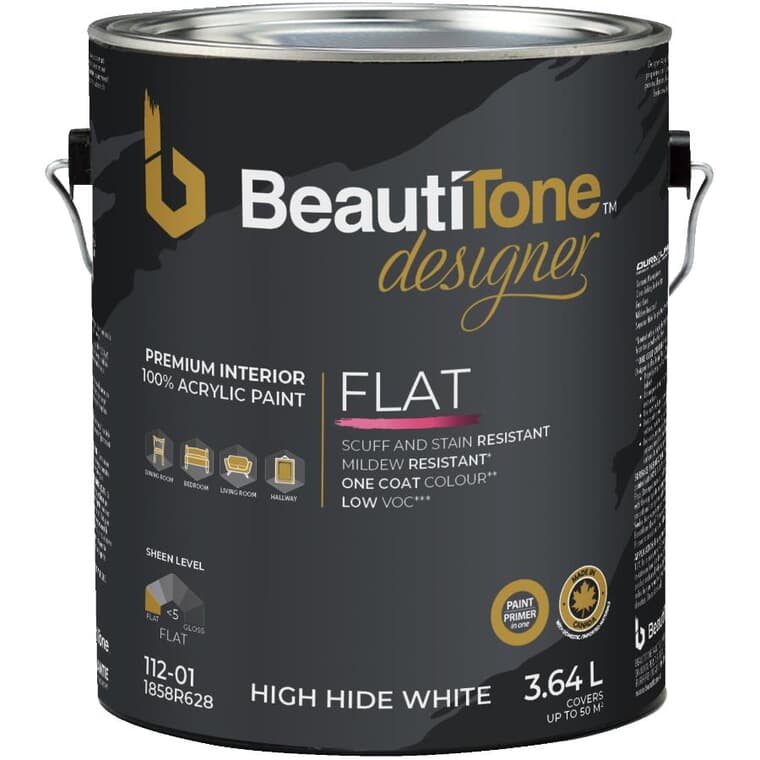 Interior Acrylic Latex Flat Paint & Primer - High Hide White, 3.64 L