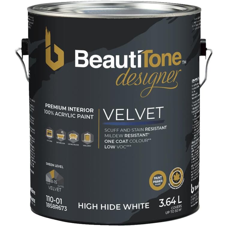 Interior Acrylic Latex Velvet Paint & Primer - High Hide White, 3.64 L