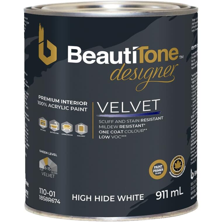 Interior Acrylic Latex Velvet Paint & Primer - High Hide White, 911 ml