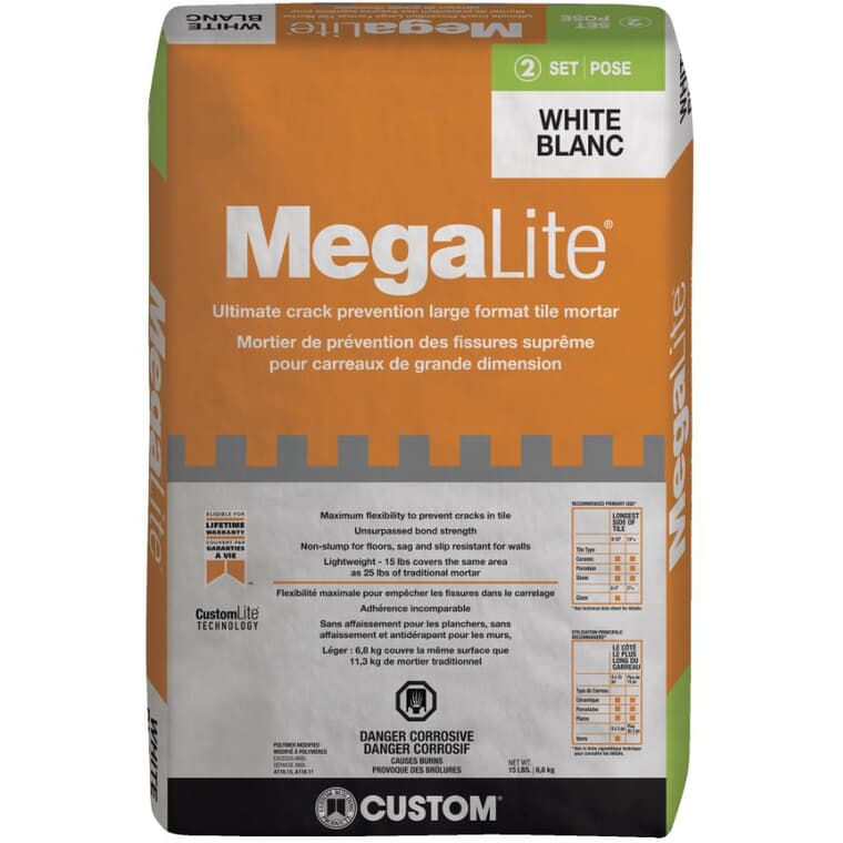 Megalite Crack Prevention Tile Mortar - White, 15 lb