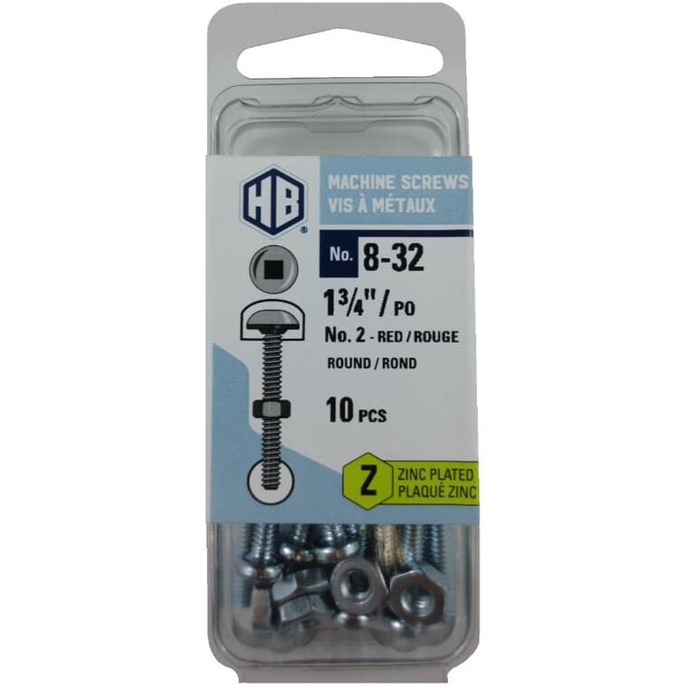 10 Pack #8-32 x 1-3/4" Zinc Plated Round Head Machine Screws, with Nuts
