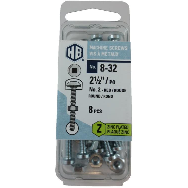 8 Pack #8-32 x 2-1/2" Zinc Plated Round Head Machine Screws, with Nuts