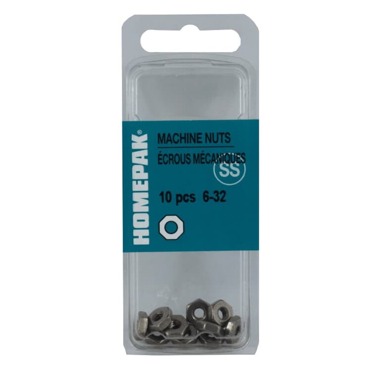 10 Pack #6-32 18.8 Stainless Steel Machine Hex Nuts