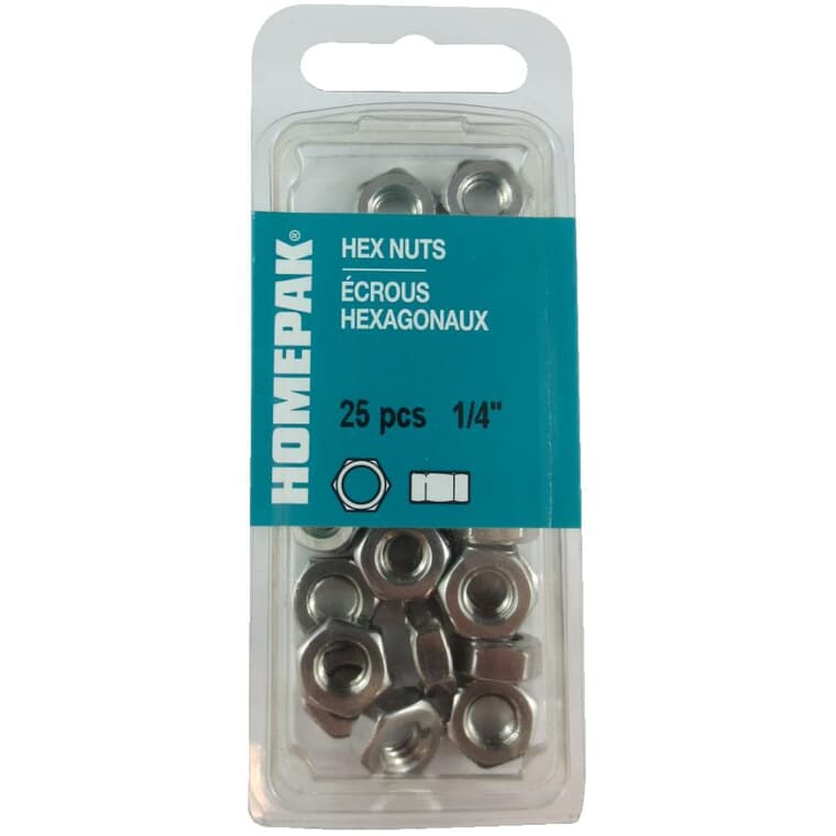 25 Pack 1/4"-20 Stainless Steel Hex Machine Nuts