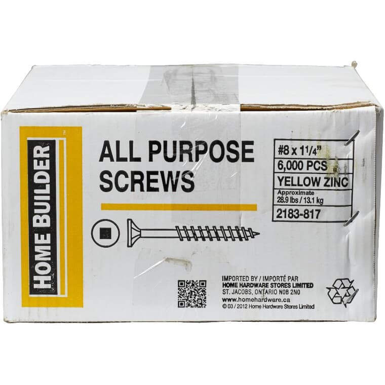 6000 Pack #8 x 1-1/4" Yellow Zinc All Purpose Screws