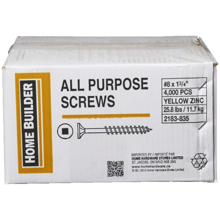 4000 Pack #8 x 1-3/4" Yellow Zinc All Purpose Screws