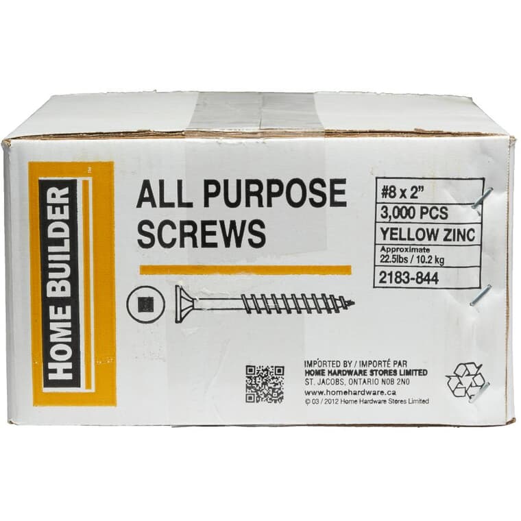 3000 Pack #8 x 2" Yellow Zinc All Purpose Screws