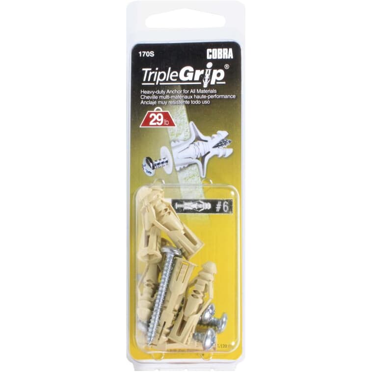 6 Pack #6 Beige Plastic Anchors, with Screws