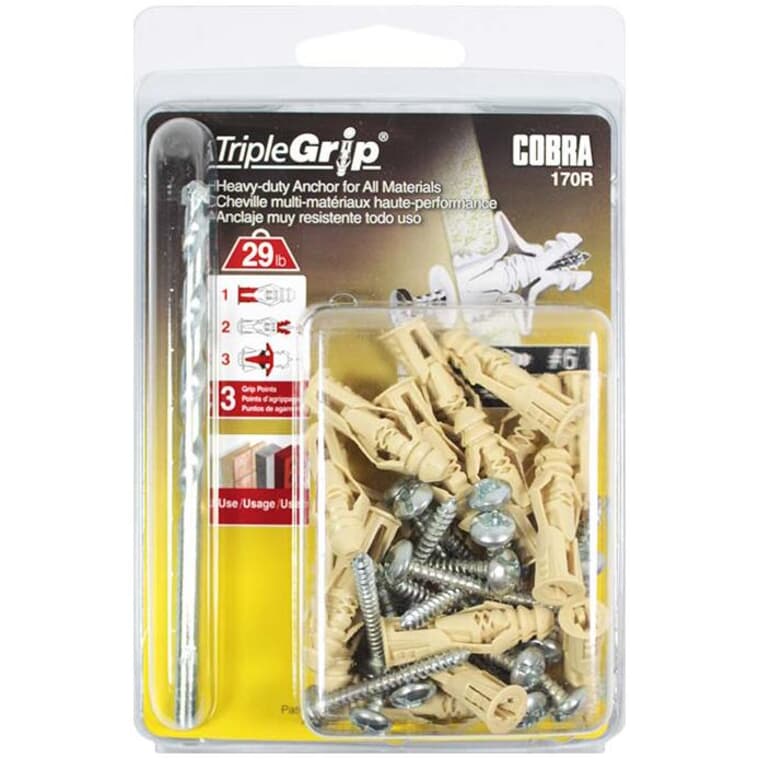 20 Pack #6 Plastic Anchors, with Screws and Bit