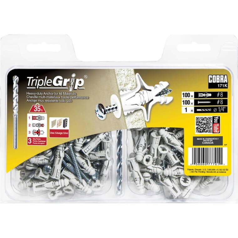 100 Pack #8 Plastic Anchors, with Screws and Bit