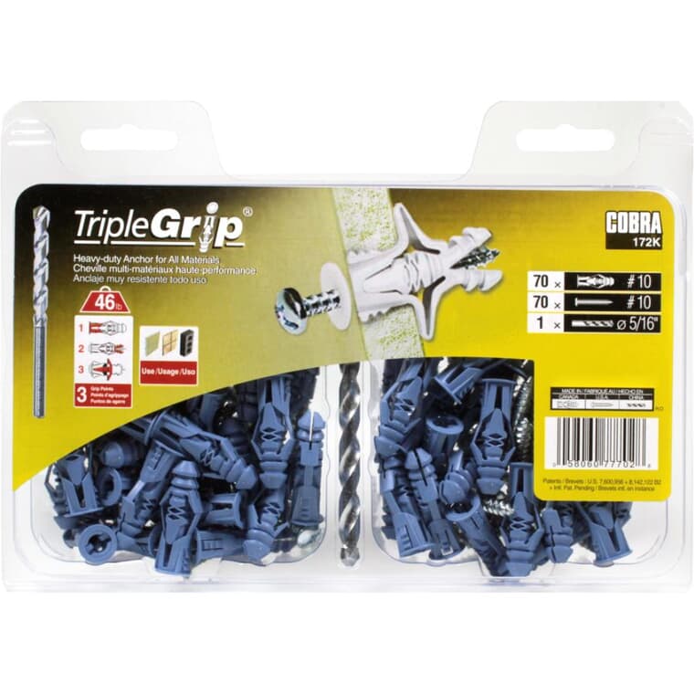 70 Pack #10 Plastic Anchors, with Screws and Bit