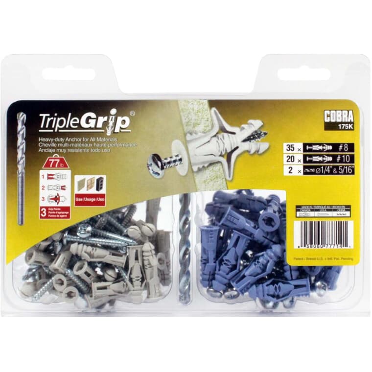 55 Pack #8-10 Plastic Anchors, with Screws and Bit