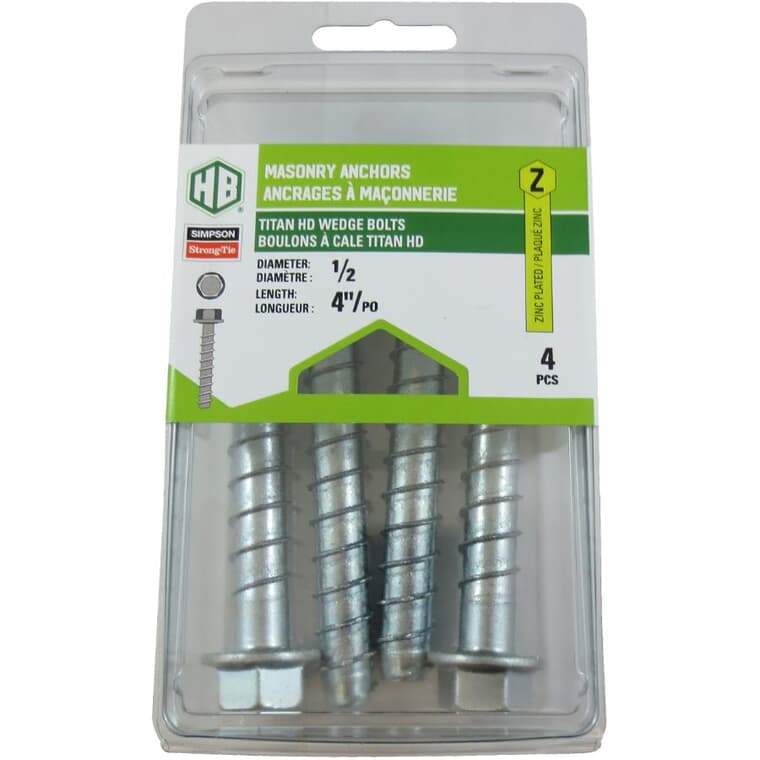 4 Pack 1/2" x 4" Zinc Plated Wedge Bolts