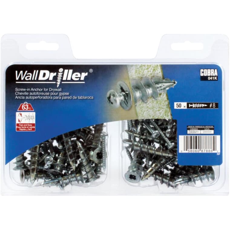 50 Pack #8L Zinc Plated Walldriller Anchors, with Screws