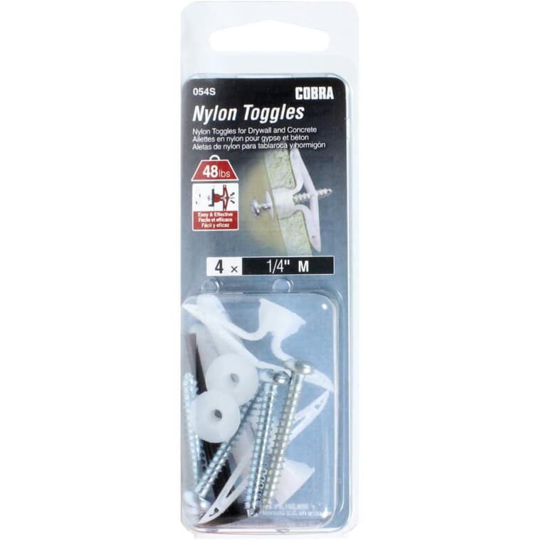 4 Pack 1/4" Medium Light Duty Nylon Toggle Anchors, with Screws