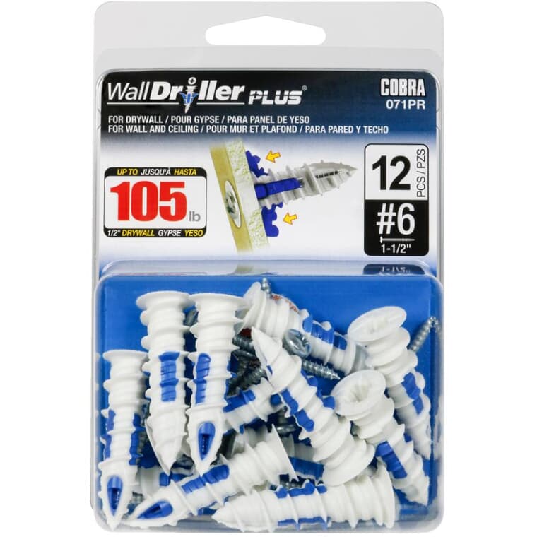 #6 WallDriller Plus Anchors - with Screws, 12 Pack