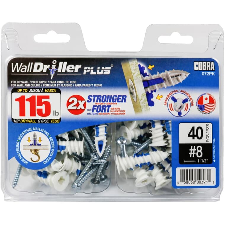 #8 WallDriller Plus Anchors - with Screws, 40 Pack