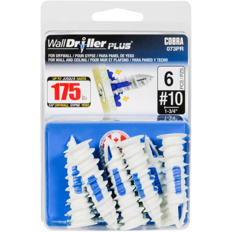#10 WallDriller Plus Anchors - with Screws, 6 Pack
