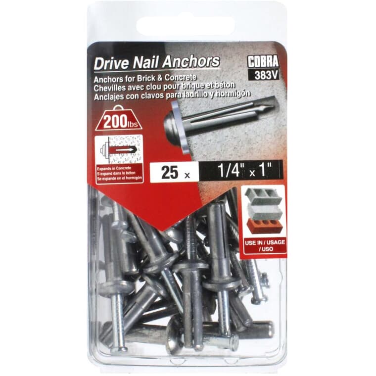 25 Pack 1/4" x 1" Metal Nail-In Anchors