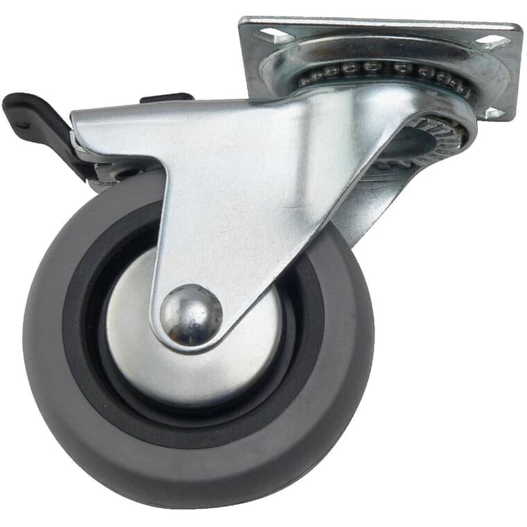 Roulette grise pivotante de 3 po en caoutchouc thermoplastique sur plaque, avec frein