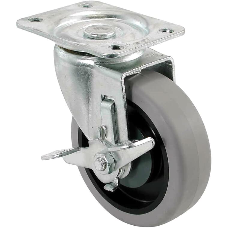 Roulette grise pivotante de 4 po en caoutchouc thermoplastique sur plaque, avec frein