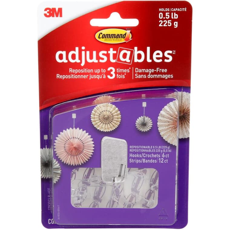Adjustables Repositionable Hooks - with 6 Hooks + 12 Strips