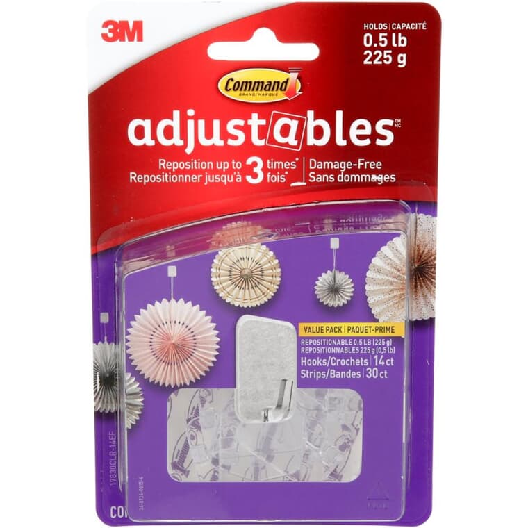 Adjustables Repositionable Hooks - with 14 Hooks + 30 Strips